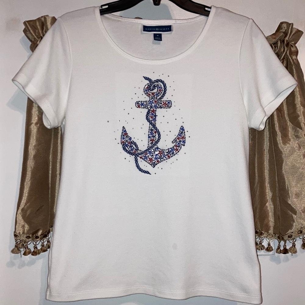 Embroidered Anchor w/ Gemstones, Red & Blue, White Short Sleeve Top size M